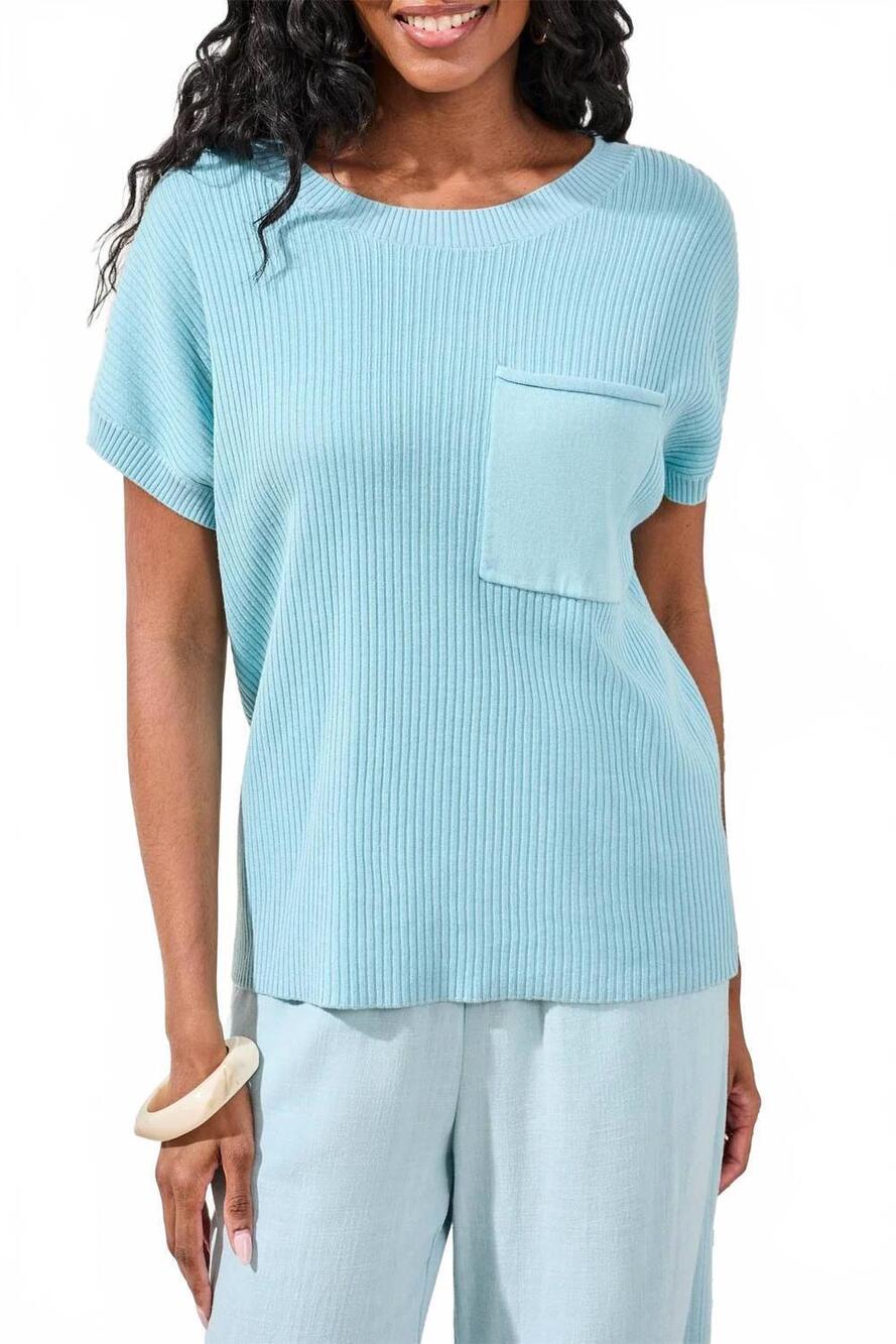 NEW TRIBAL women's short sleeve dolman sweater with pocket in light aqua sky